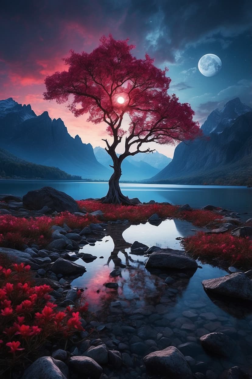 A bright crimson tree reflects on a calm mountain lake beneath a full moon and jagged peaks at twilight.