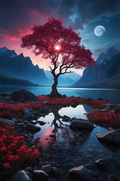 Crimson Tree Reflecting in Serene Mountain Lake