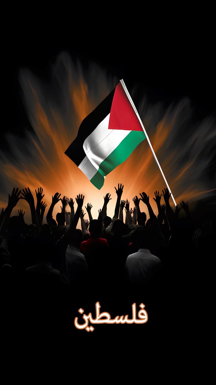 Palestinian flag waving over many raised hands against a fiery orange and yellow sunset background in silhouette.
