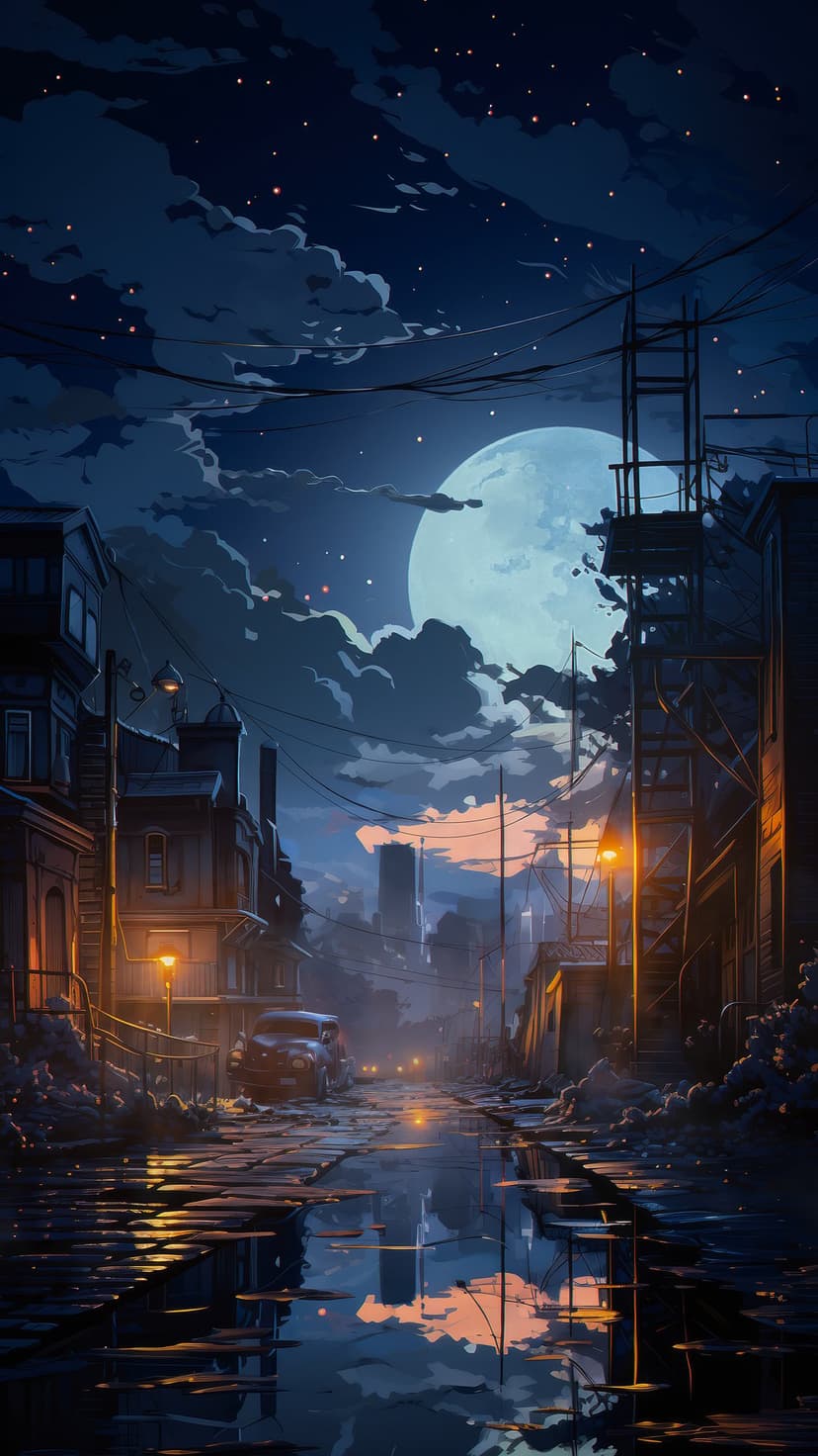 A massive full moon hangs over a quiet urban street reflecting in wet pavement with amber lampposts glowing.