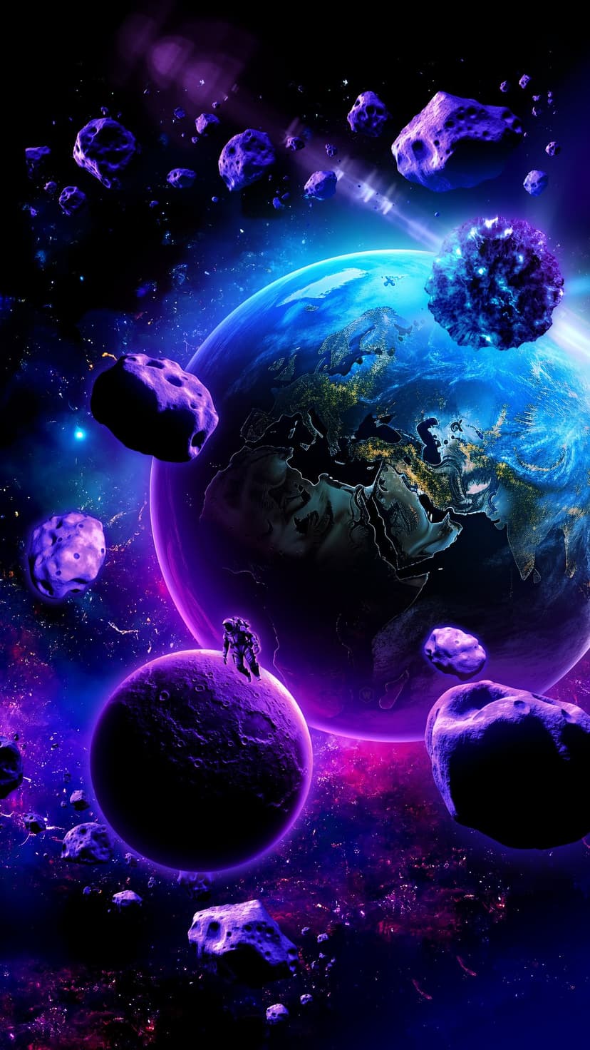 Astronaut standing on a cratered purple moon surface while looking at a glowing blue planet and floating rocks.