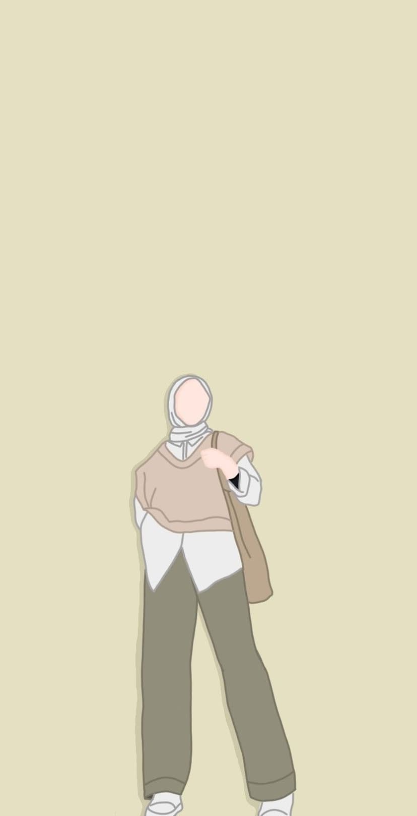 Faceless woman wearing a white hijab, tan knit vest, and olive pants against a solid muted yellow background.
