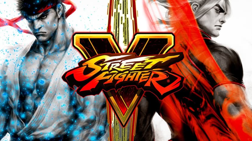 Ryu with blue sparks and Ken with red flames stand back-to-back behind a gold Street Fighter V logo on white.