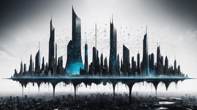Floating city with sharp skyscrapers and neon blue light glows against a grey hazy sky above a dark urban landscape.