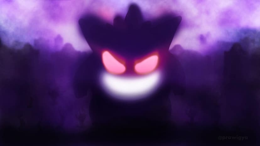 Dark Gengar silhouette with glowing red eyes and white smile in a spooky purple graveyard mist.