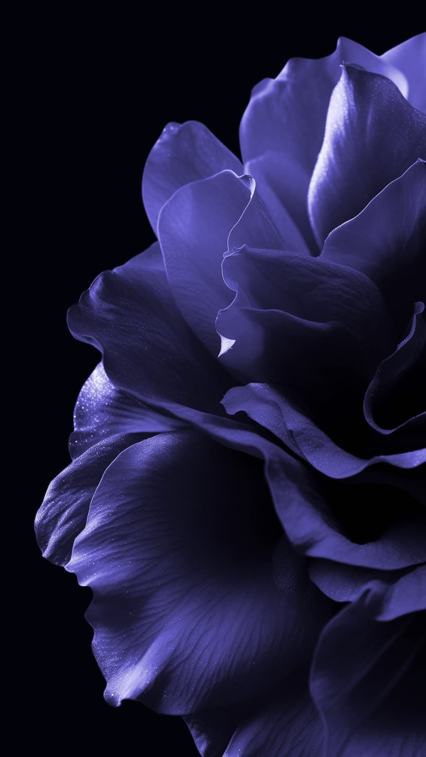 Deep purple rose petal showing intricate veins and a velvety texture against a dark, shadowy background.