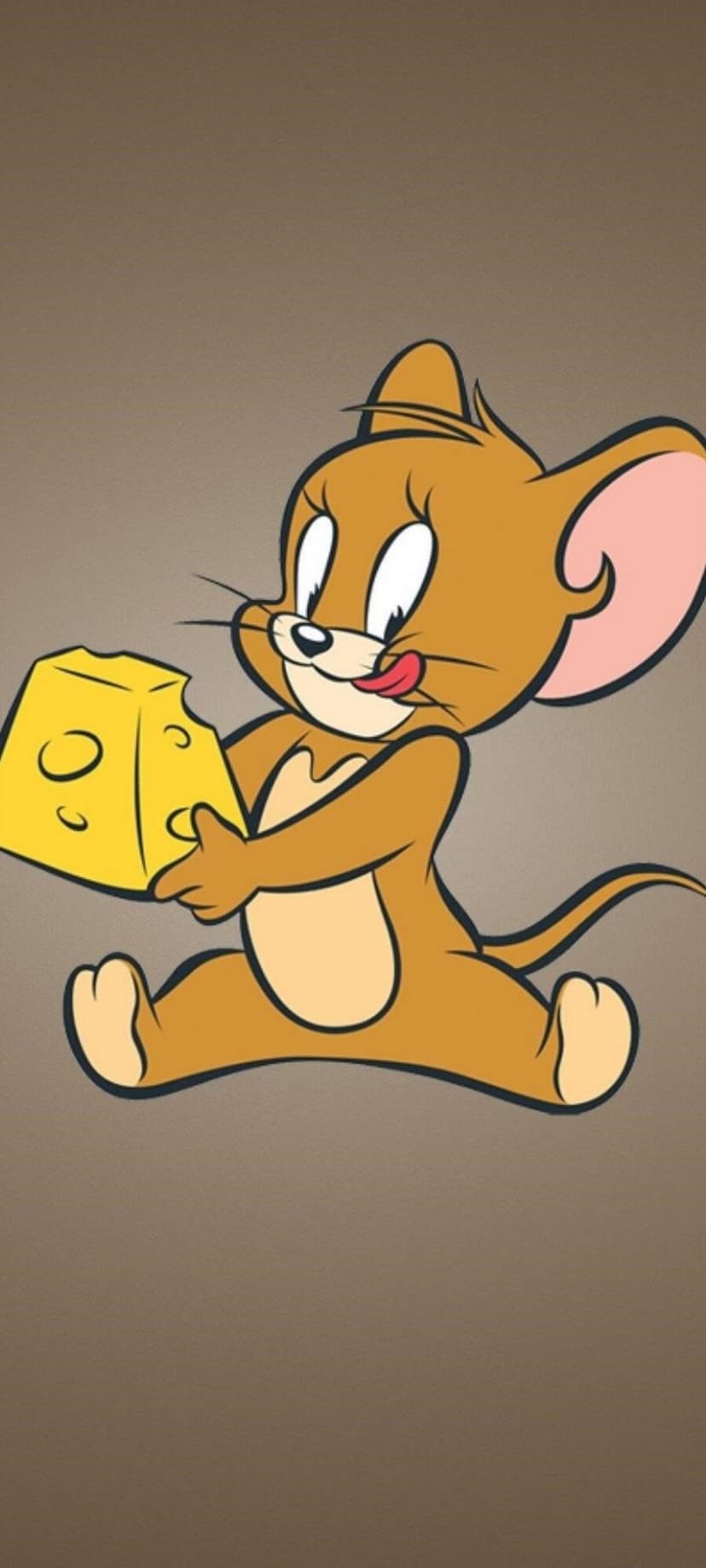 Jerry the mouse holds and licks a large wedge of yellow cheese with holes against a simple background.