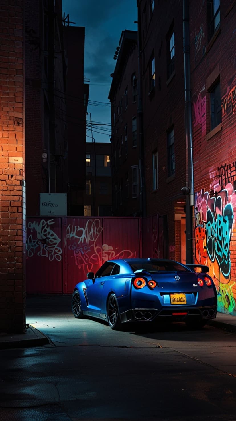 Blue Nissan GT-R parked in a narrow alleyway at night between brick walls covered in colorful graffiti art.
