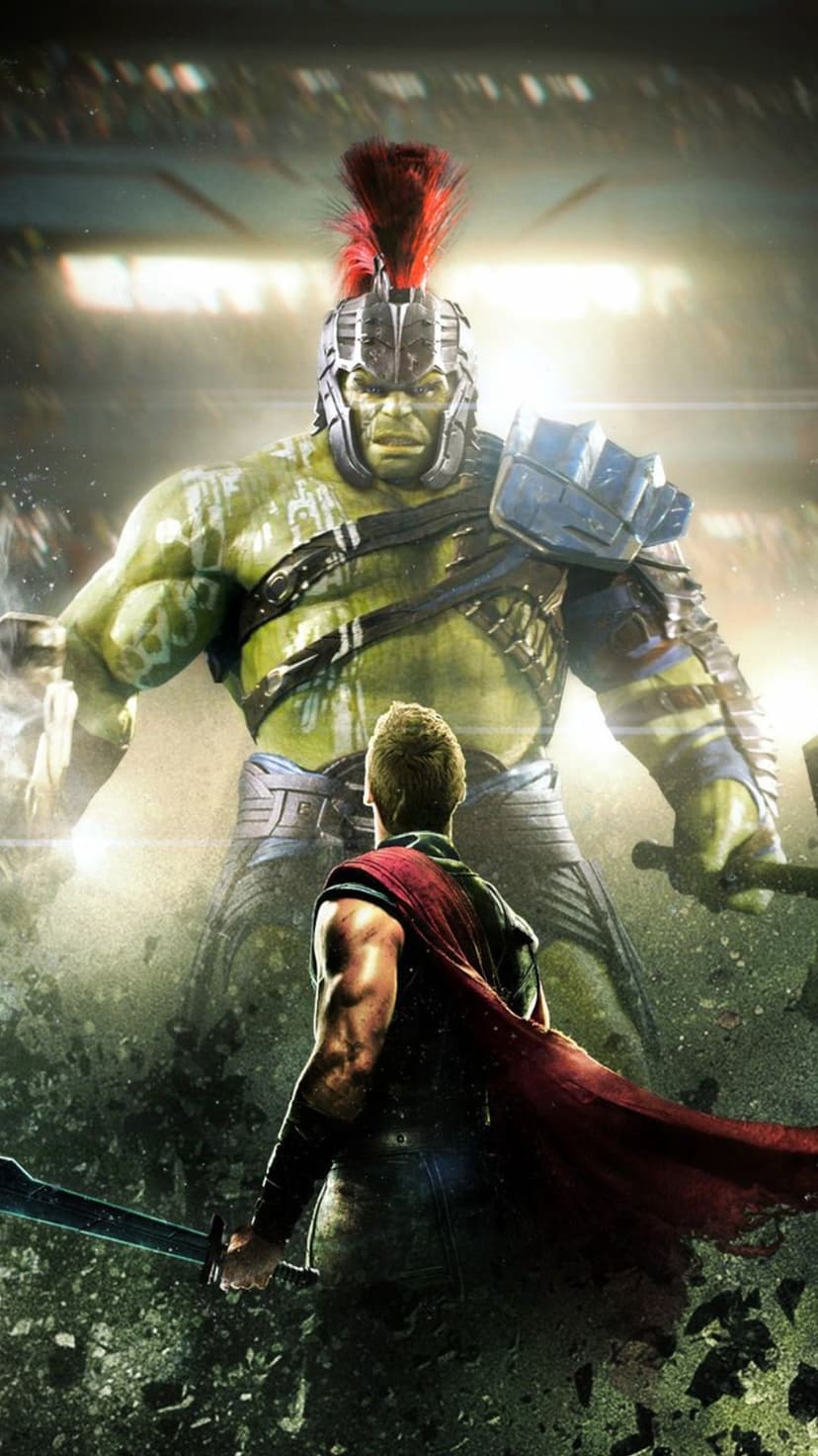 Hulk in gladiator armor looms over Thor in a dusty arena with stadium lights and swirling debris in the background.