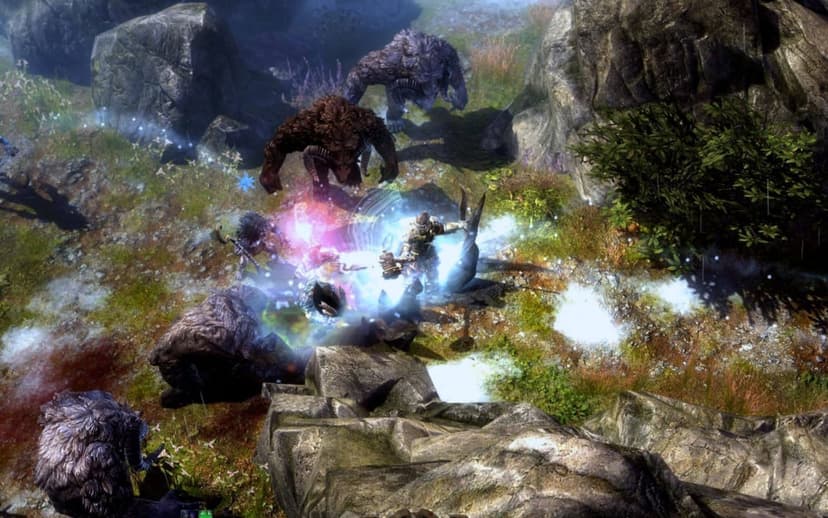 Armored warrior battling large horned monsters in a rocky forest with glowing blue and purple magic effects.
