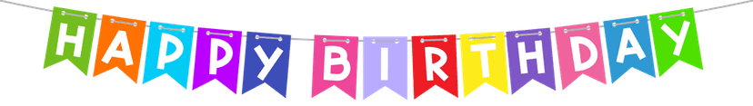 Happy birthday text PNG script rendered with bright color gradients and a 3D effect on a transparent backdrop.