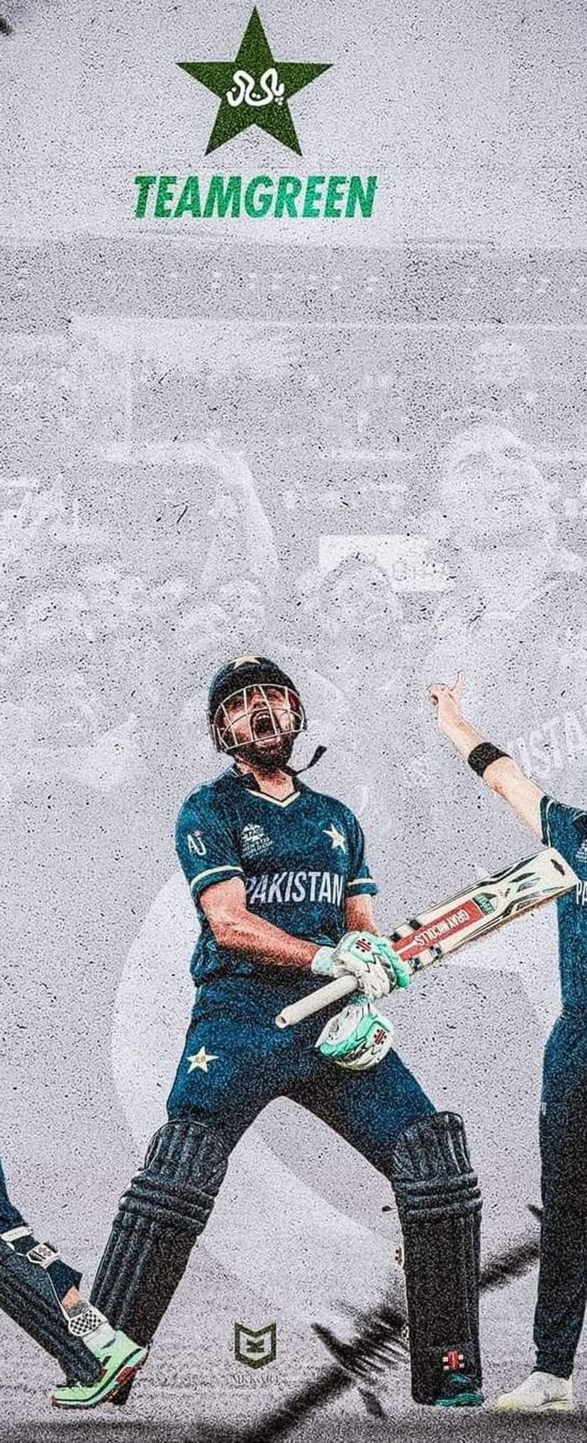 Pakistani batsman raises his bat and roars in triumph wearing a green jersey against a textured grey wall.