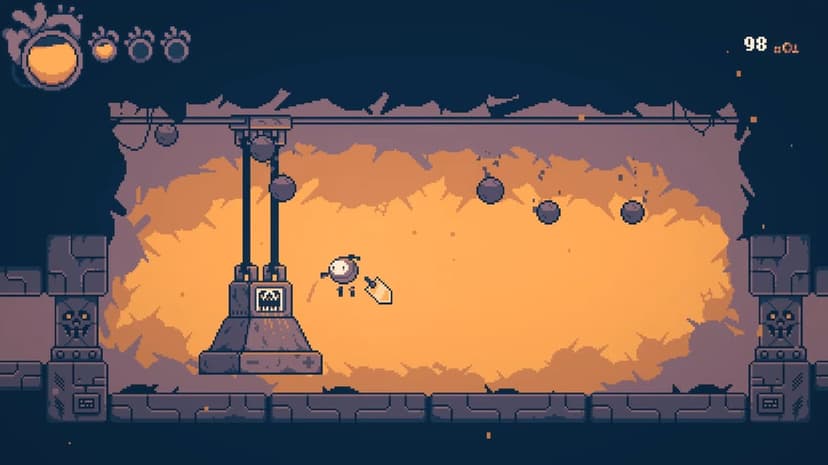Small robot floats in a warm orange industrial chamber with mechanical cranes in a pixel art game scene.