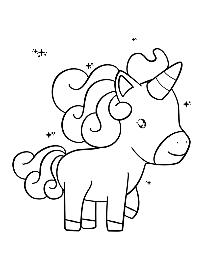 Unicorn outline line art illustration featuring a standing mythical horse with a horn and scattered sparkles.