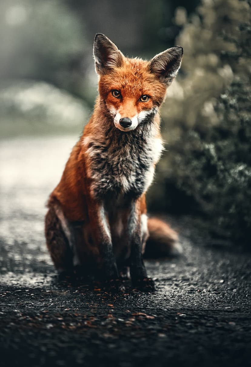 Red fox with orange fur and a grey chest sits on a dark forest path, staring forward with sharp, amber eyes.