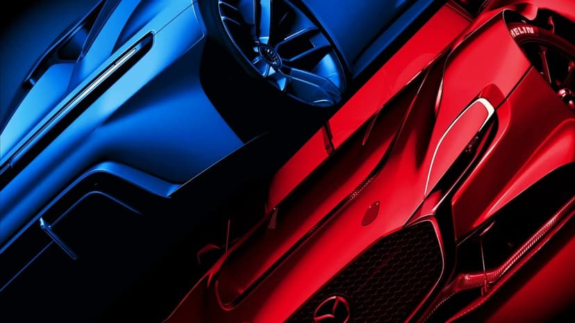 Blue and red sports cars split diagonally with high-contrast lighting on sleek metallic surfaces and rims.