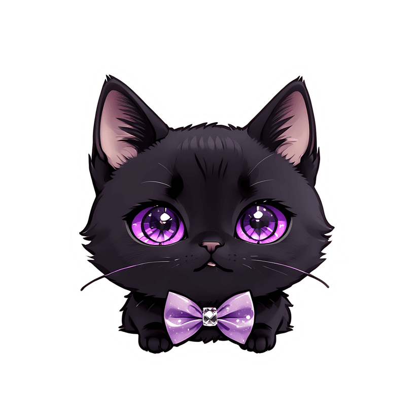 Black kitten sticker with purple eyes and a purple bow tie sits front-facing with a white die-cut outline.