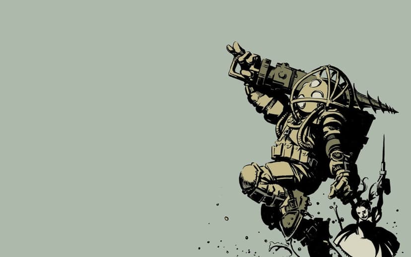 Action pose of a Big Daddy bouncer alongside a Little Sister on a minimalist sage green background scene.