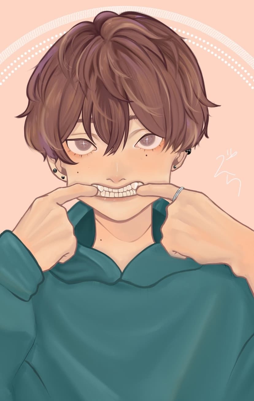 Anime boy with brown hair and sharp teeth pulls his lips into a wide grin wearing a bright teal hoodie.
