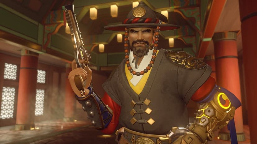 Cassidy in Korean Royal Guard armor holding a revolver inside a traditional palace with glowing lanterns.