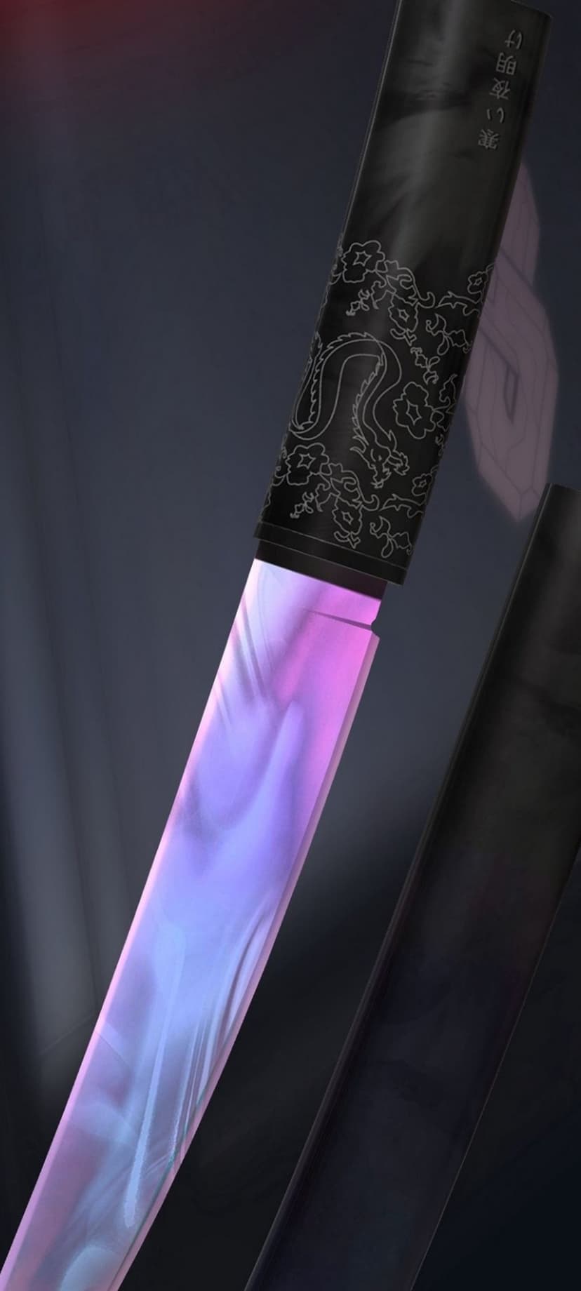 Dragon-engraved sword hilt with a radiant purple glowing blade set against a dark and atmospheric background.