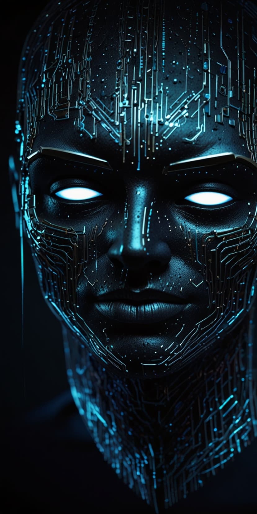 Cybernetic humanoid face with glowing white eyes and blue circuit patterns across dark metallic surface plates.