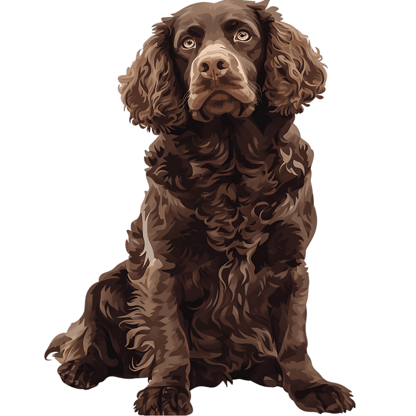 Boykin Spaniel portrait with curly brown fur and amber eyes sits attentively against a solid black background.