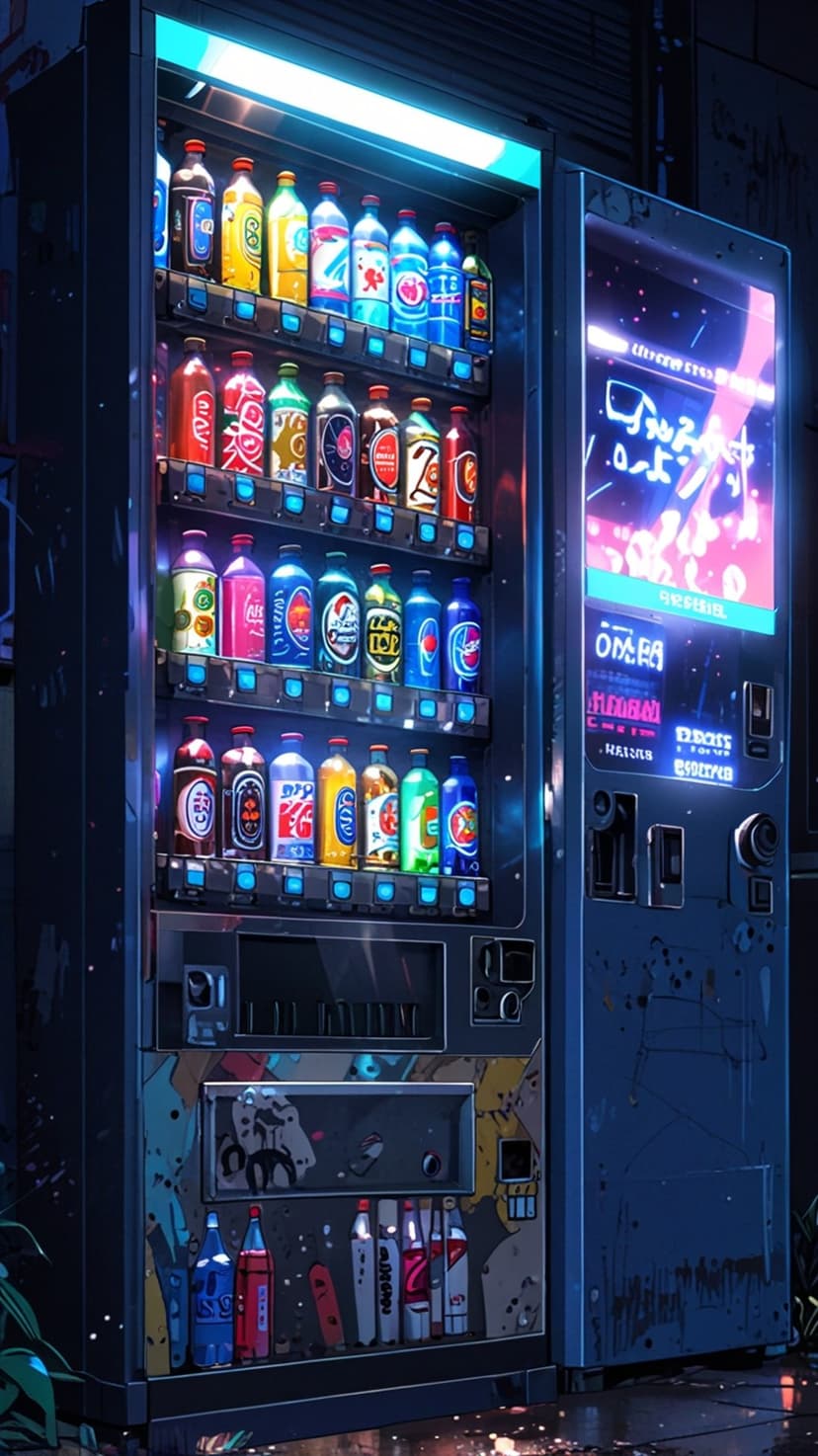 Neon-lit vending machine stocked with colorful drinks stands on a dark futuristic street at night in the rain.