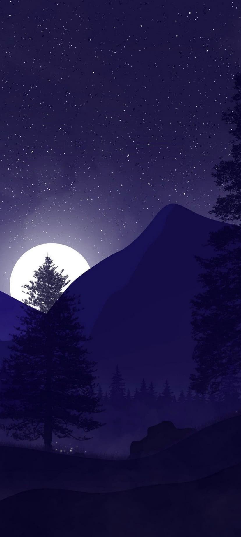 Full moon shining over silhouetted evergreen trees and misty mountain peaks beneath a dense field of bright stars.