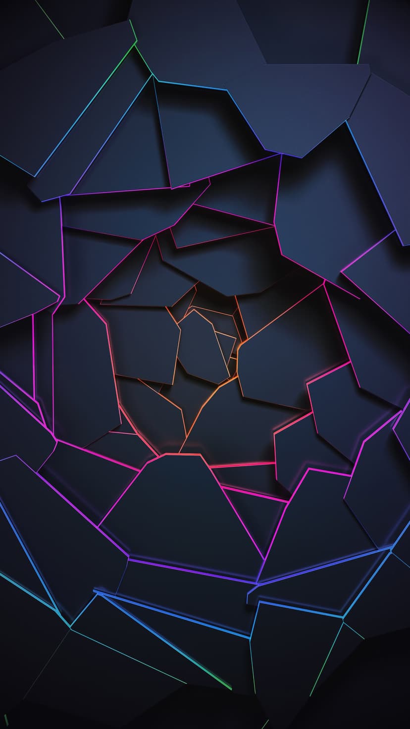 Shattered geometric shards with glowing neon edges of pink and blue radiate across a dark, obsidian background.