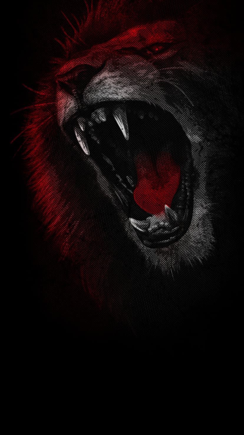 Lion roaring with mouth wide open showing sharp teeth, featuring a red and gray halftone dot texture pattern.