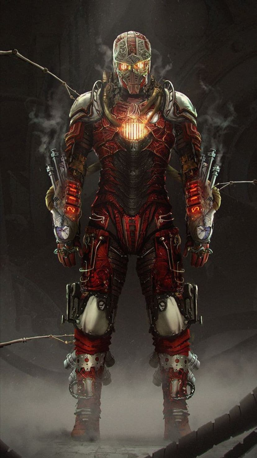 Steampunk Iron Man suit with brass pipes, red armor plating, and a glowing orange arc reactor for mobile screens.