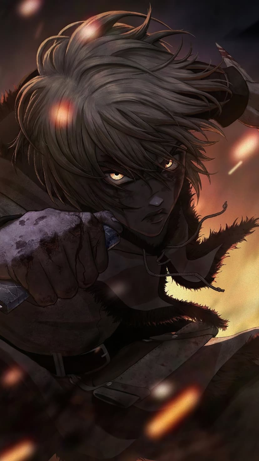 Thorfinn lunges forward with glowing yellow eyes amidst floating embers and a dark, smoky battlefield backdrop.