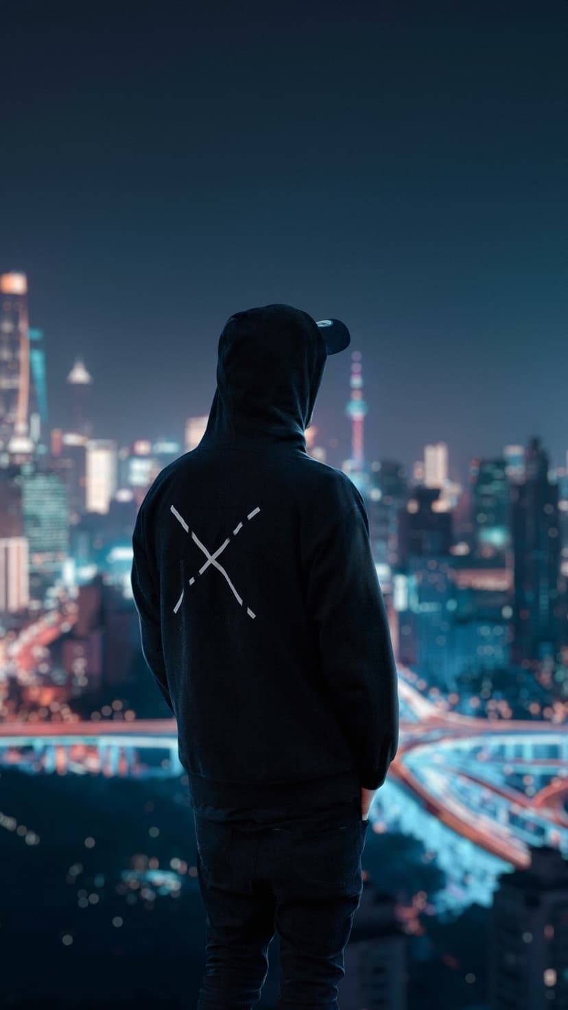 Person wearing a black hoodie and cap looks out over a vast, glowing neon city skyline during the night.