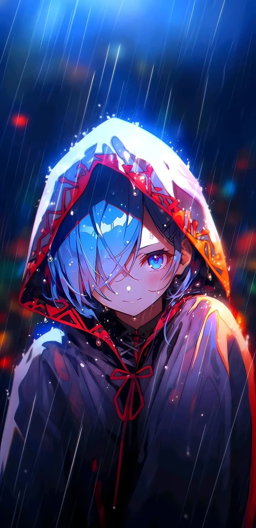 Blue-haired girl in a dark hooded cloak with red accents stands under falling rain during a misty night scene.