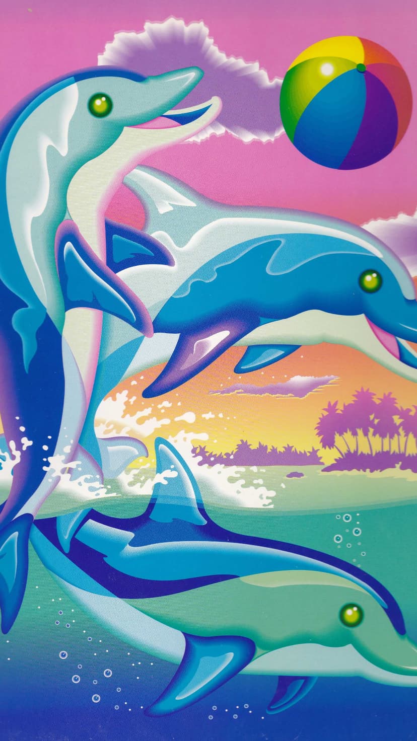 Three dolphins leap over ocean waves toward a beach ball under a pink sunset sky with tropical palm trees.
