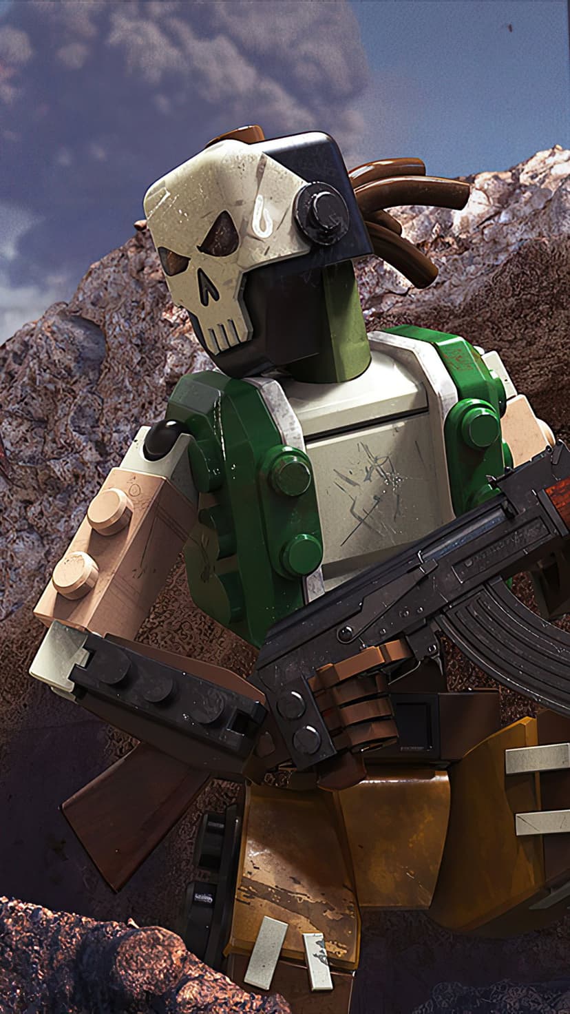 A block-style soldier with a white skull mask and green armor holding a black rifle in a rocky terrain.