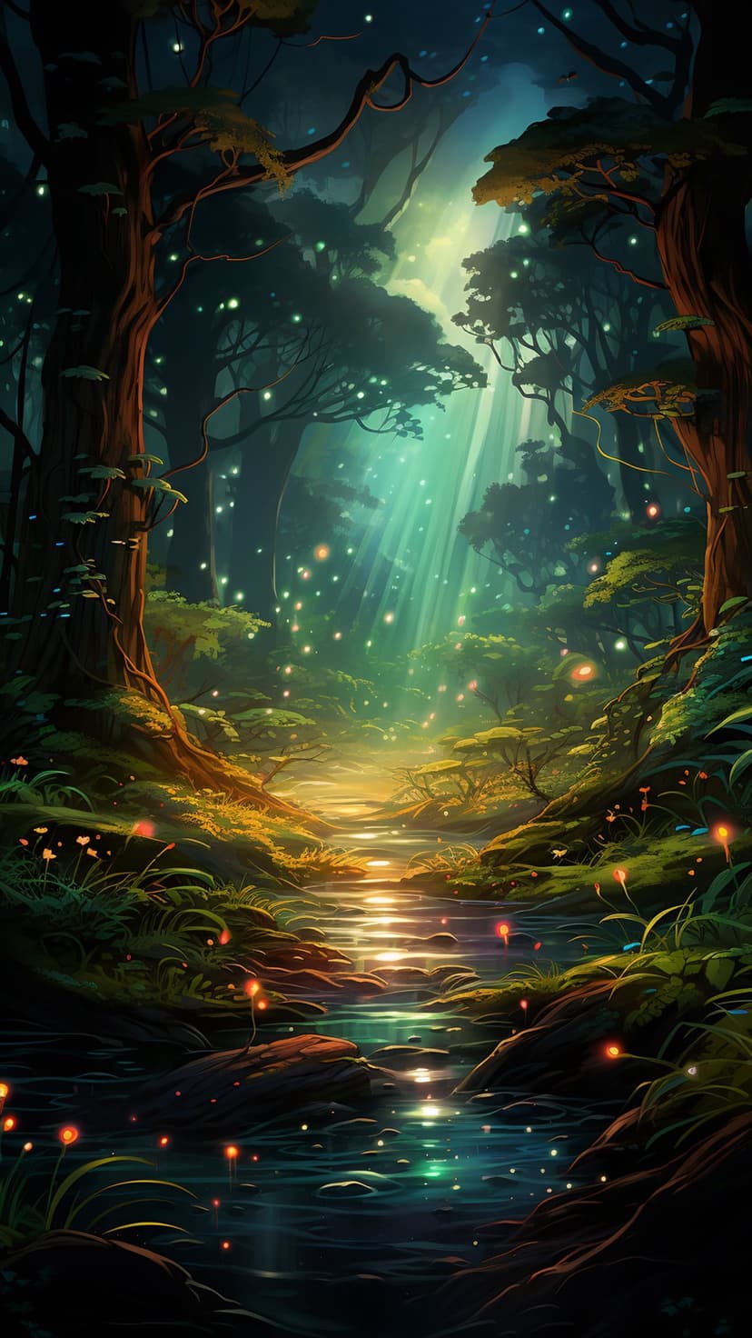 Bioluminescent plants and glowing orbs line a winding stream as sunlight filters through a lush forest canopy.