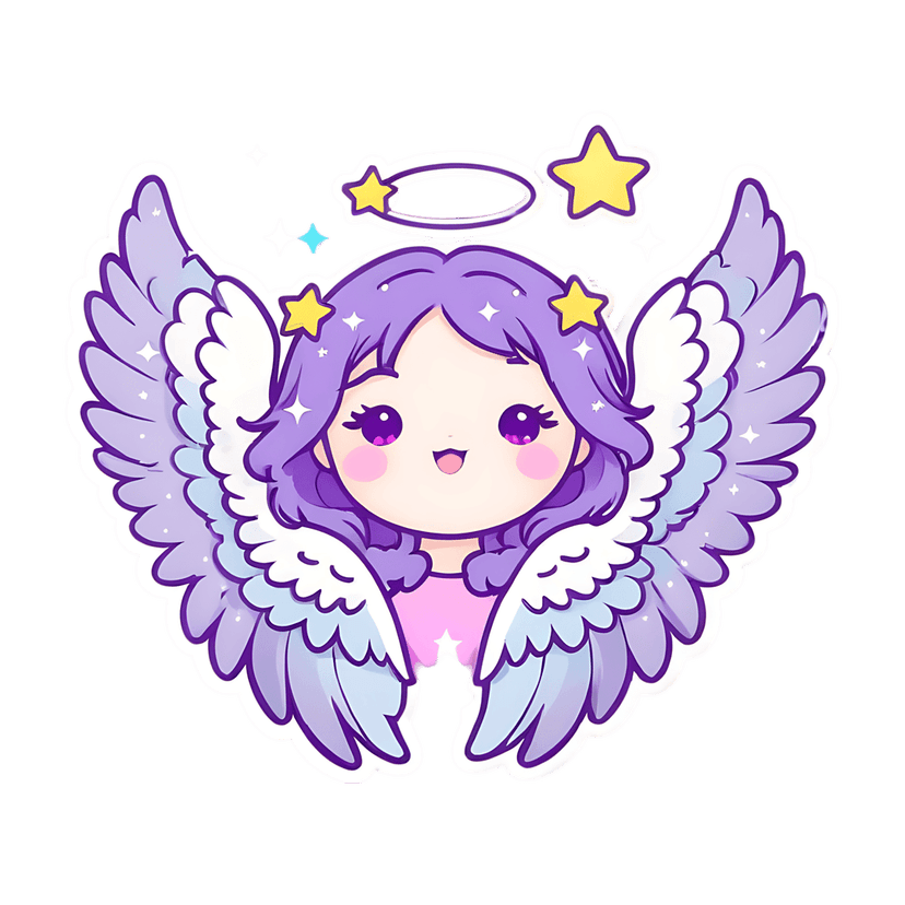 Purple hair angel sticker with violet gradient wings and yellow star accents on a transparent background.