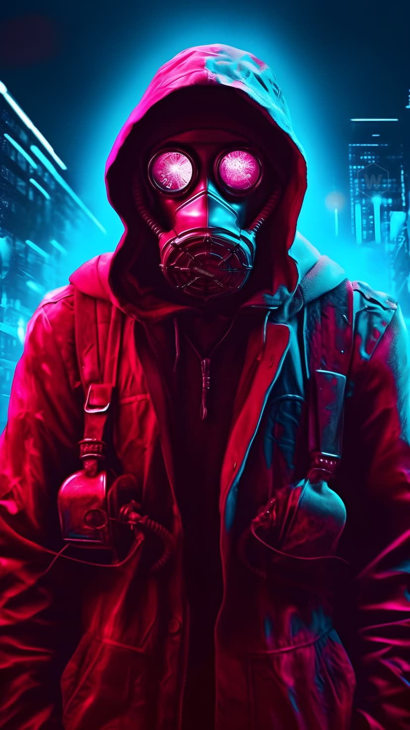 Hooded figure in a gas mask with red lenses stands before a pink and blue neon city skyline at night.