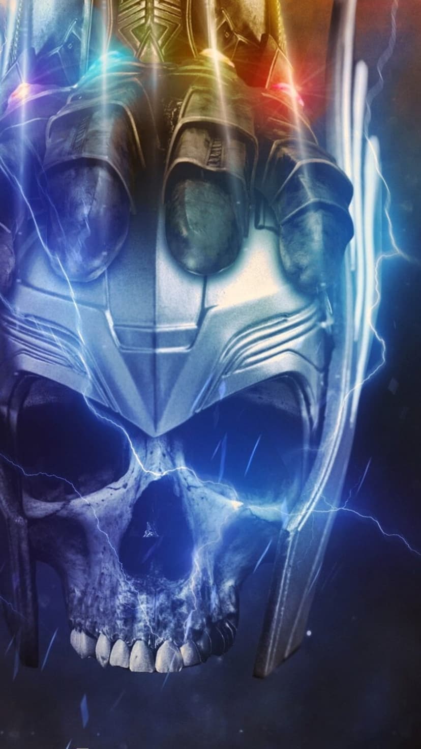 Thor's skull wearing a winged helmet while holding the glowing Infinity Gauntlet surrounded by blue lightning.
