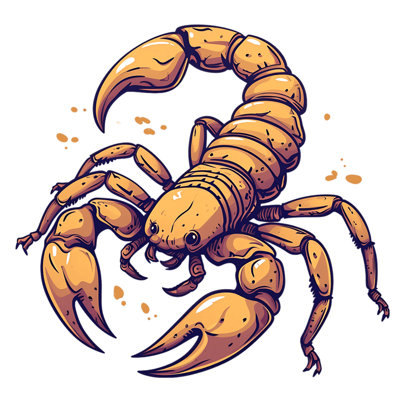 Yellow scorpion illustration with purple highlights and segmented body features sharp pincers and curved stinger.