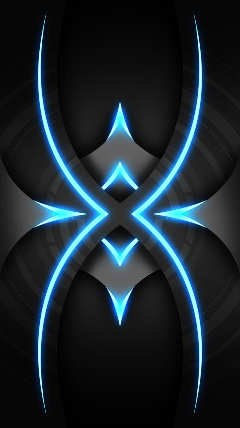 Glowing neon blue symmetrical geometric lines intersect on a dark textured background in a portrait orientation.