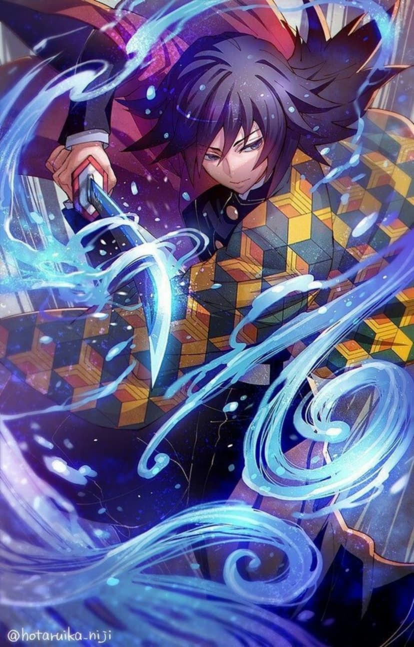 Giyu Tomioka grips a katana as luminous blue water swirls around his patterned haori against a dark backdrop.