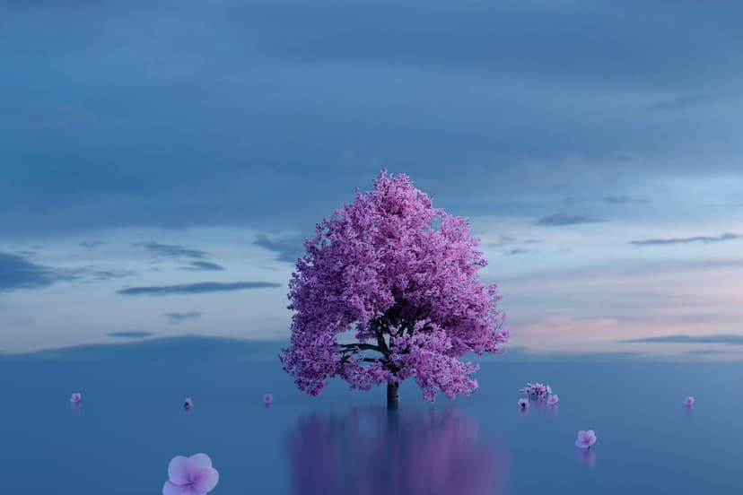 Pink cherry blossom tree stands in still blue water with petals floating on the surface under a cloudy twilight sky.