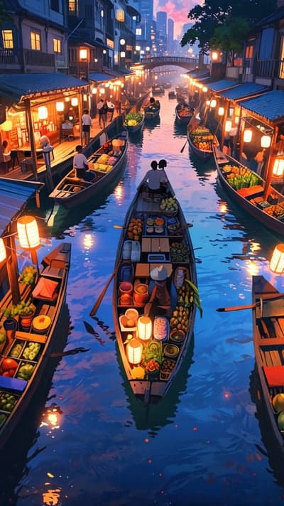 Floating Market at Dusk with Lanterns and Boats