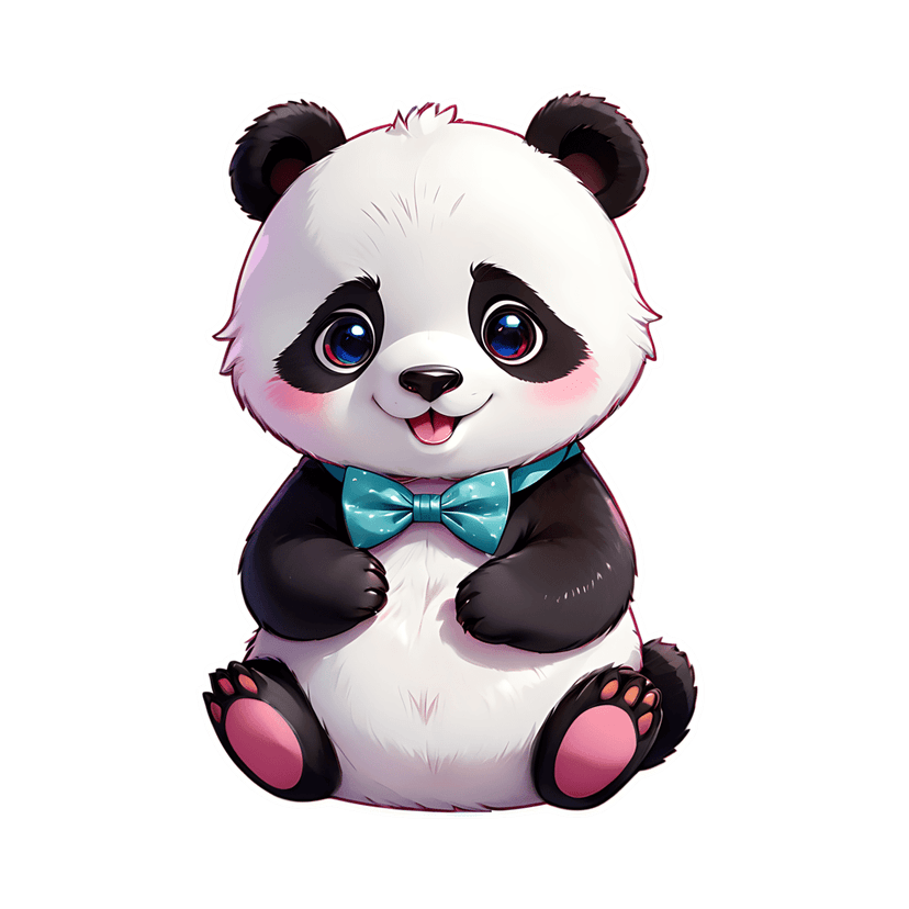 Panda sticker illustration with black white fur blue bow tie pink cheeks and a white die-cut border outline.