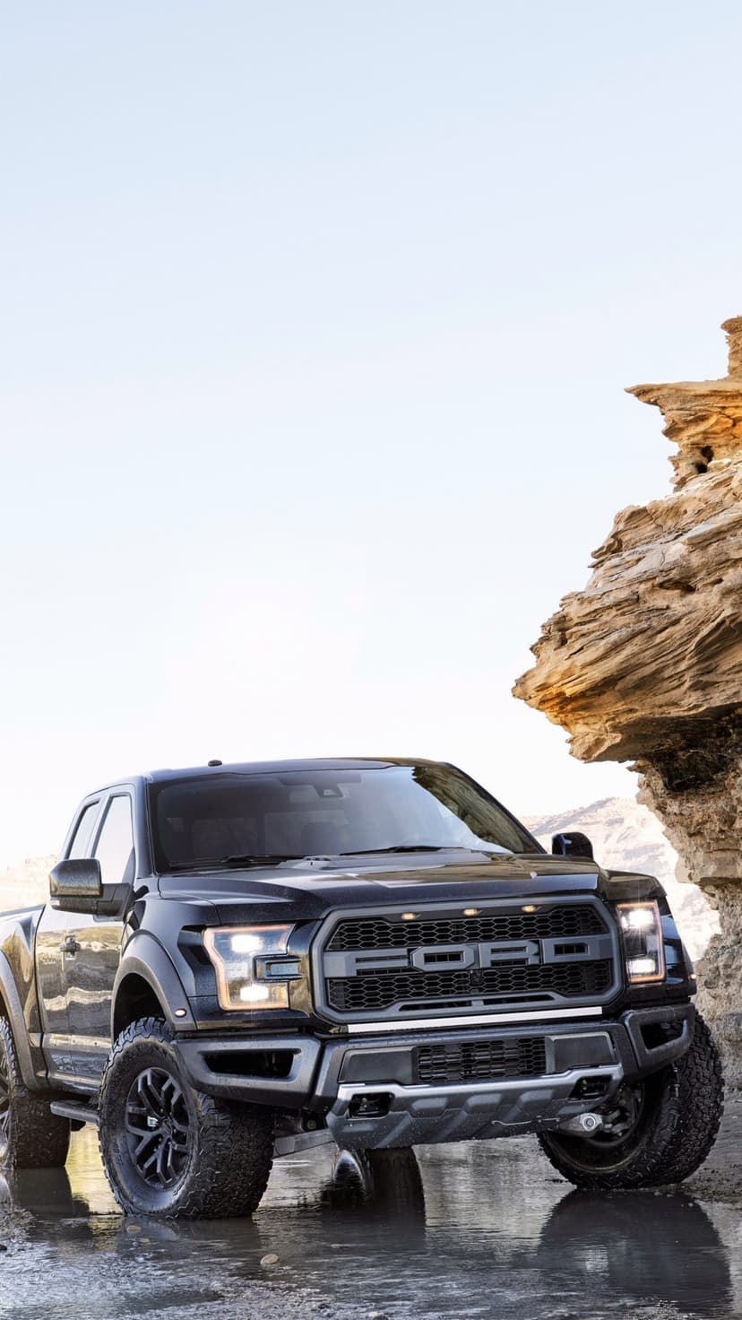 A black Ford Raptor pickup truck parked in shallow water by a desert rock formation under a bright clear sky.