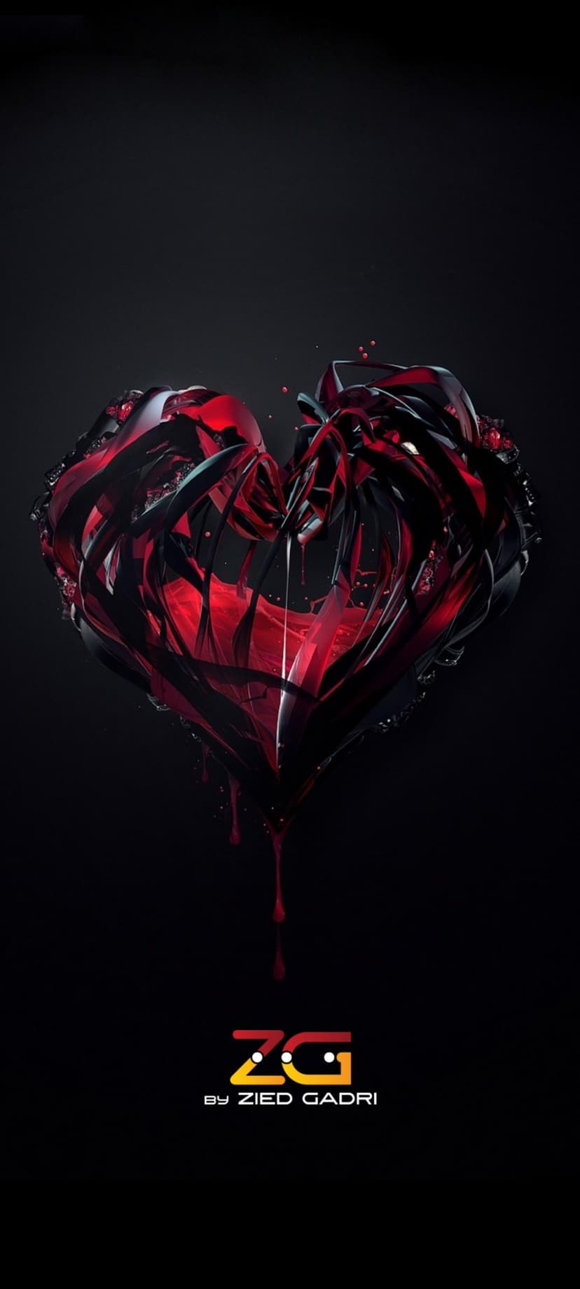 Liquid red and black heart with glossy dripping effects centered on a dark minimalist vertical background.
