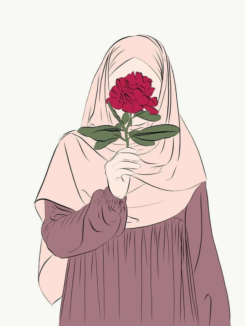 Muslim woman wearing a pink hijab and mauve gown holding a blooming red rose to her face in a profile view.